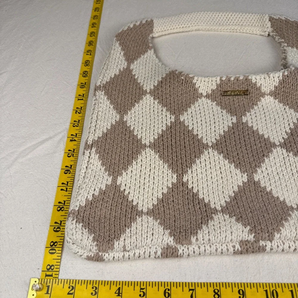 Kopari Tote Bag Women OS Tan Cream Boho Limited Edition Checkered Knit Diamond